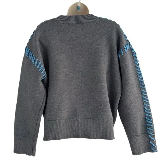 English Factory Women's Sz S Whip Contrast Stitch Gray Blue Pullover Sweater - Picture 4 of 9